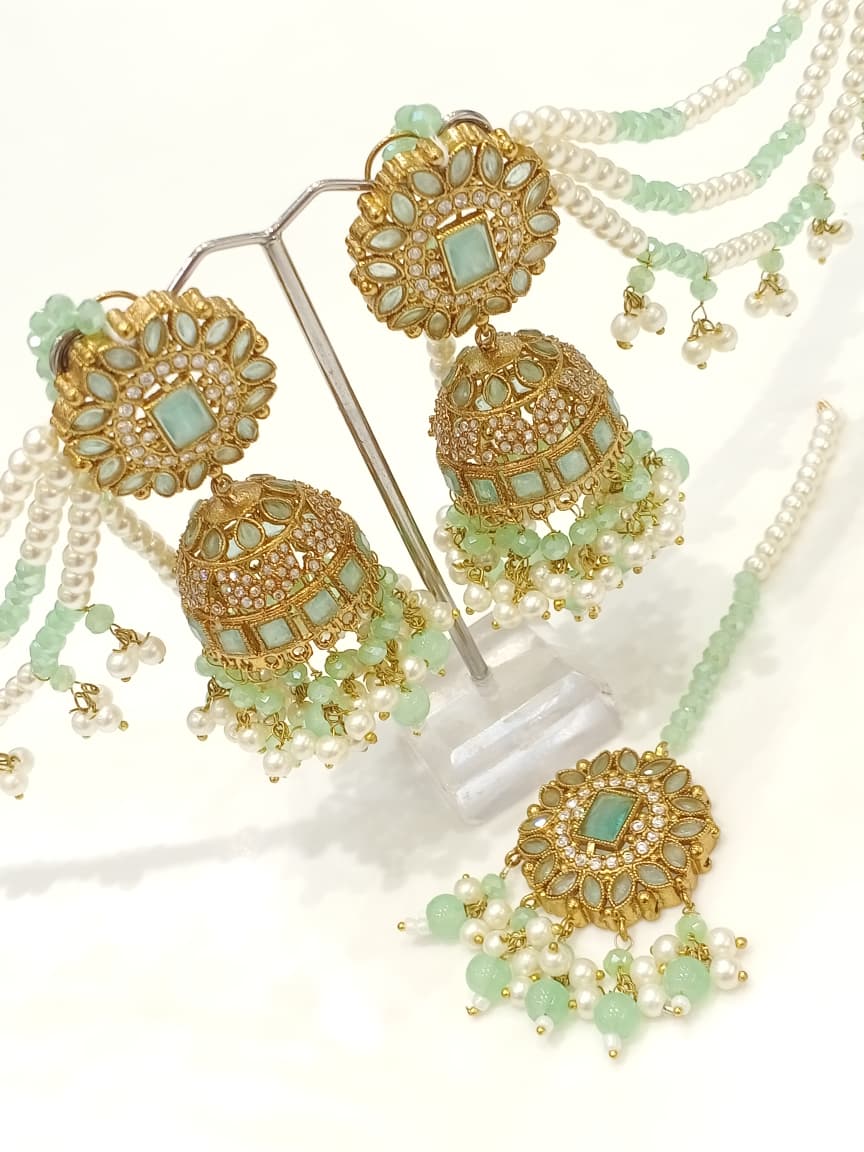 Zircon Jhumka and Tika Set - Green