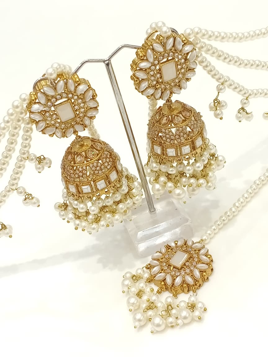 Zircon Jhumka and Tika Set - Mint Green