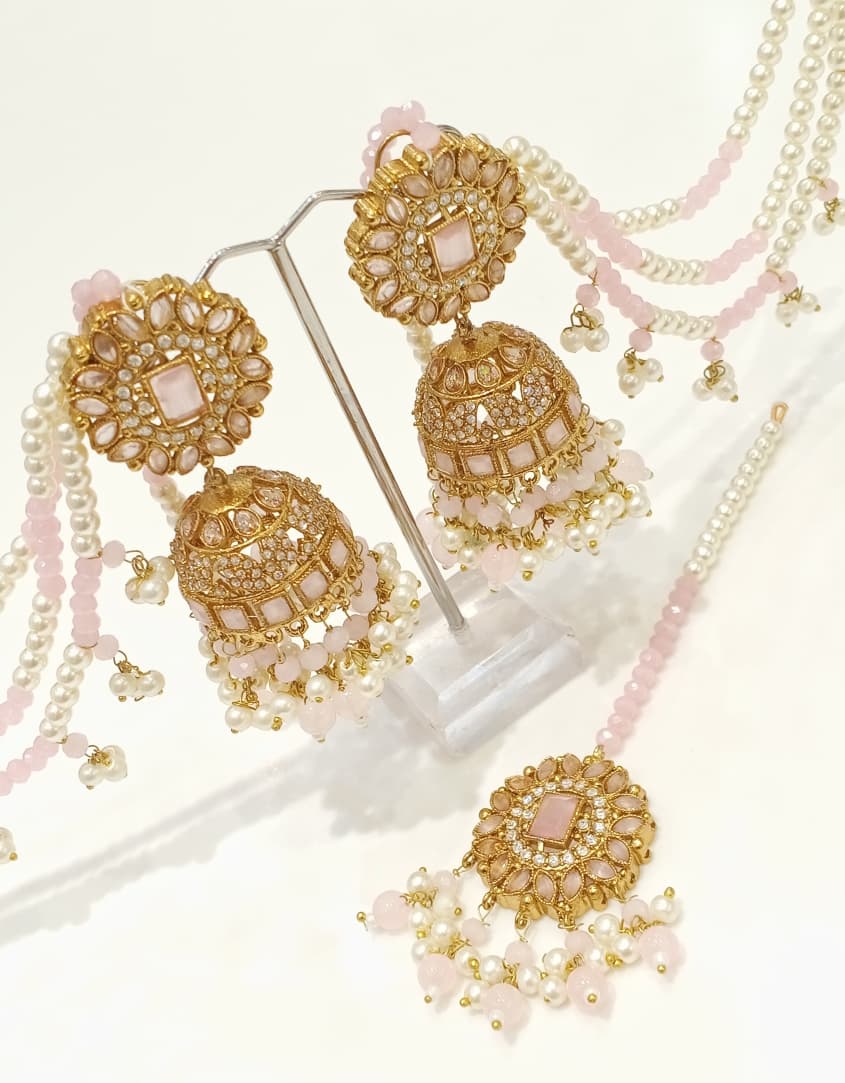 Zircon Jhumka and Tika Set - Peach