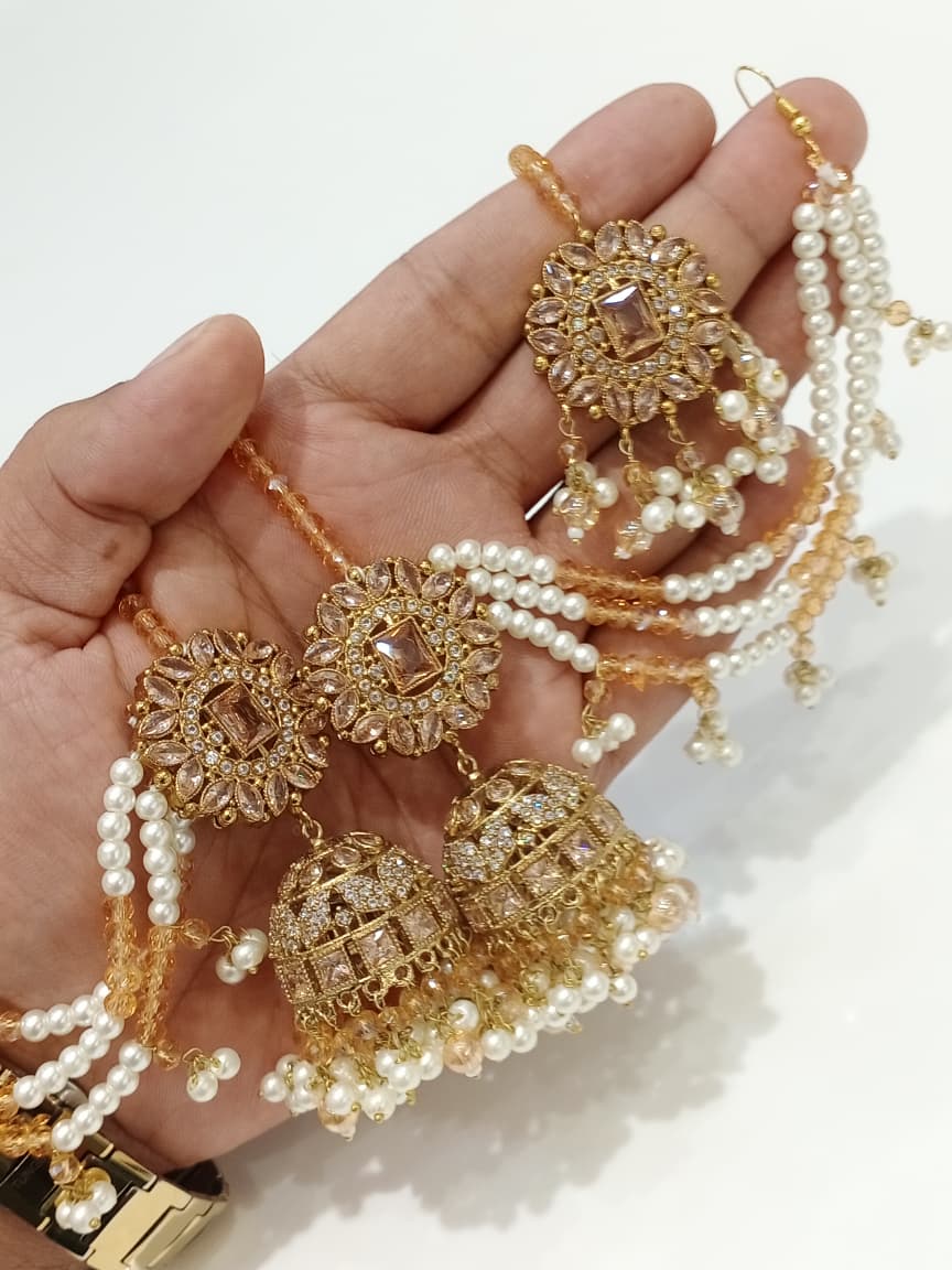 Zircon Jhumka and Tika Set - Light Mint