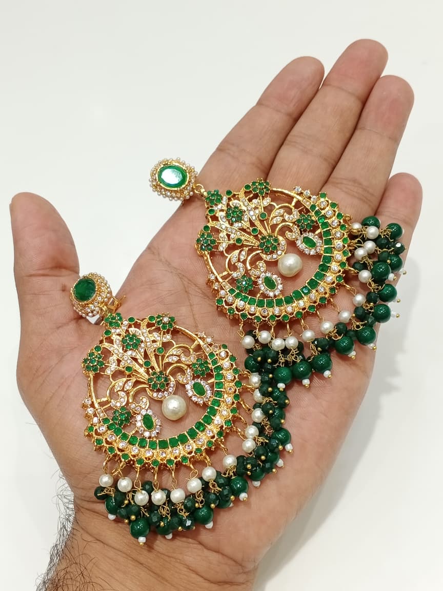 Zircon Chandbali Earrings - Mint Green