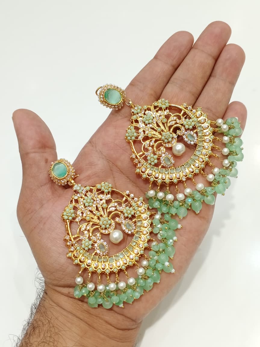 Zircon Chandbali Earrings - White Pearl