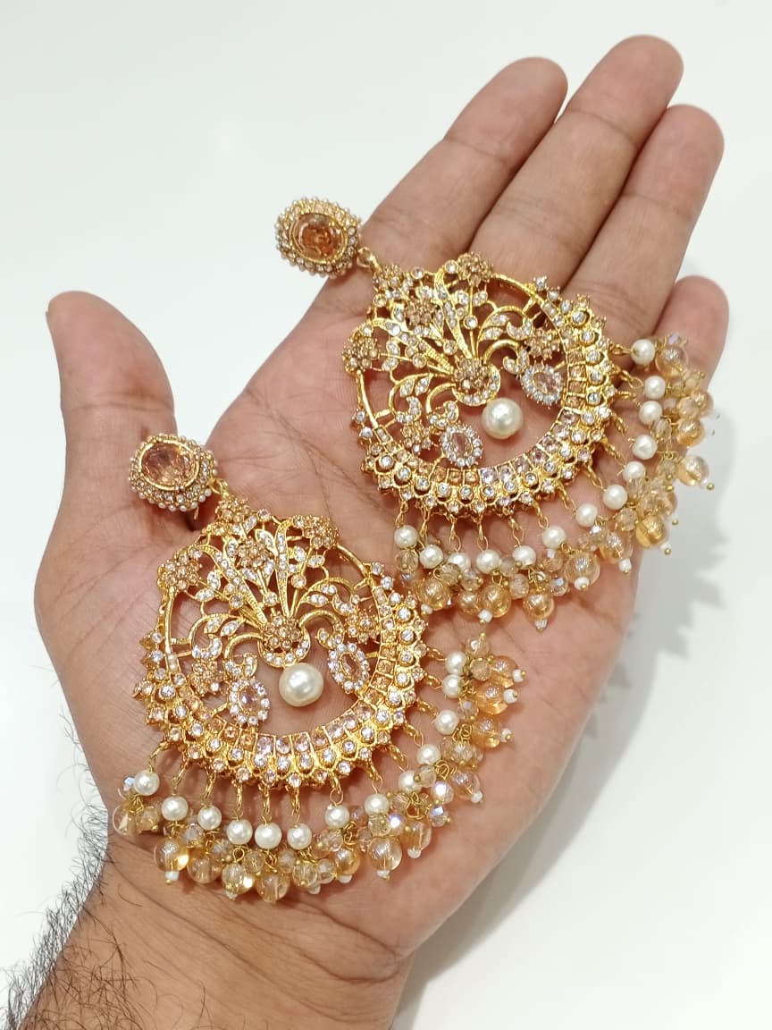 Zircon Chandbali Earrings - Baby Pink