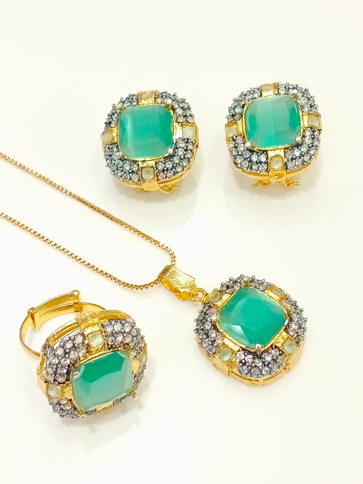 Gold-Plated Mint Green Stone Studded Bridal Set