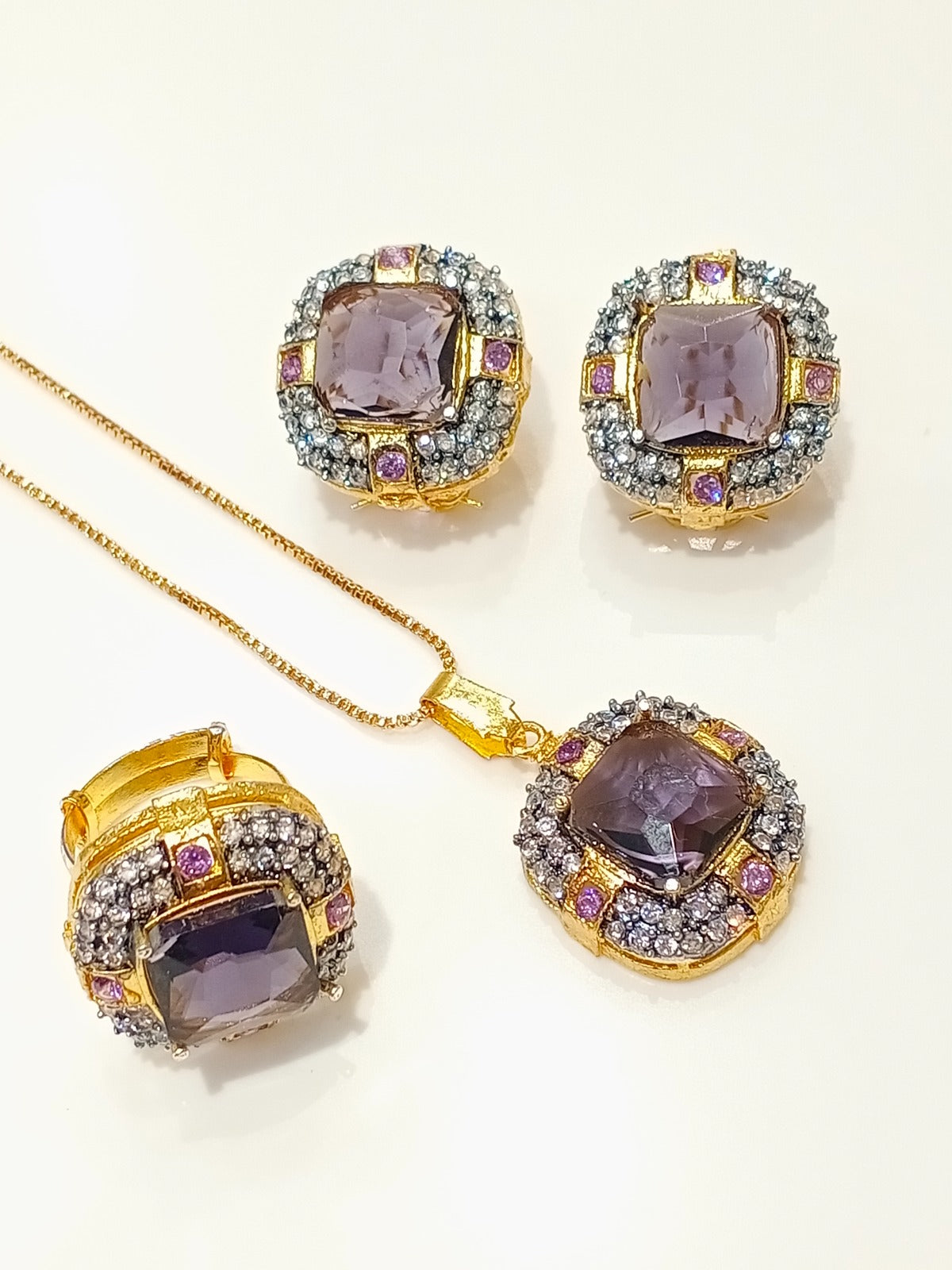 Gold-Plated Pink Stone Studded Bridal Set