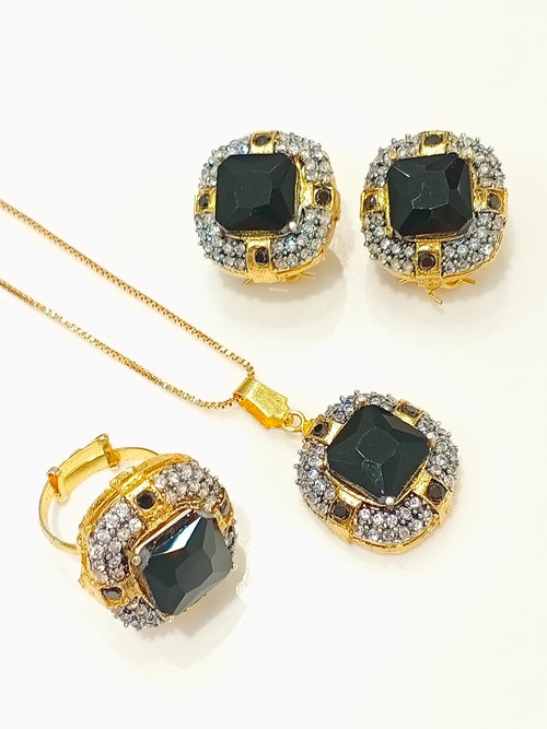 Gold-Plated Green Stone Studded Bridal Set - Full View