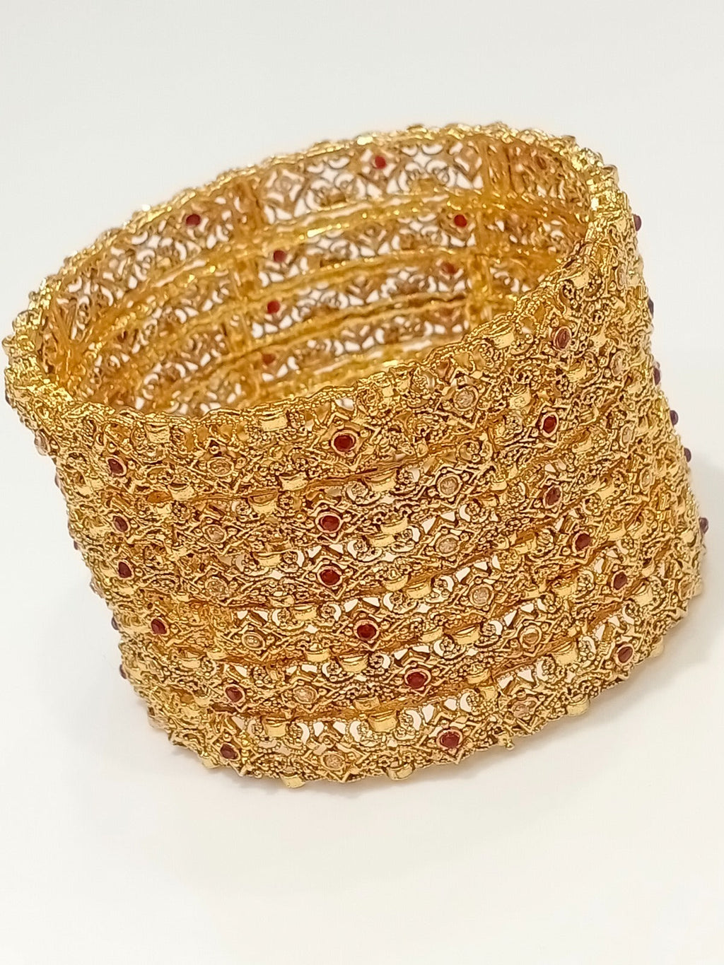 Gold filigree bridal bangles with ruby stones - collage view
