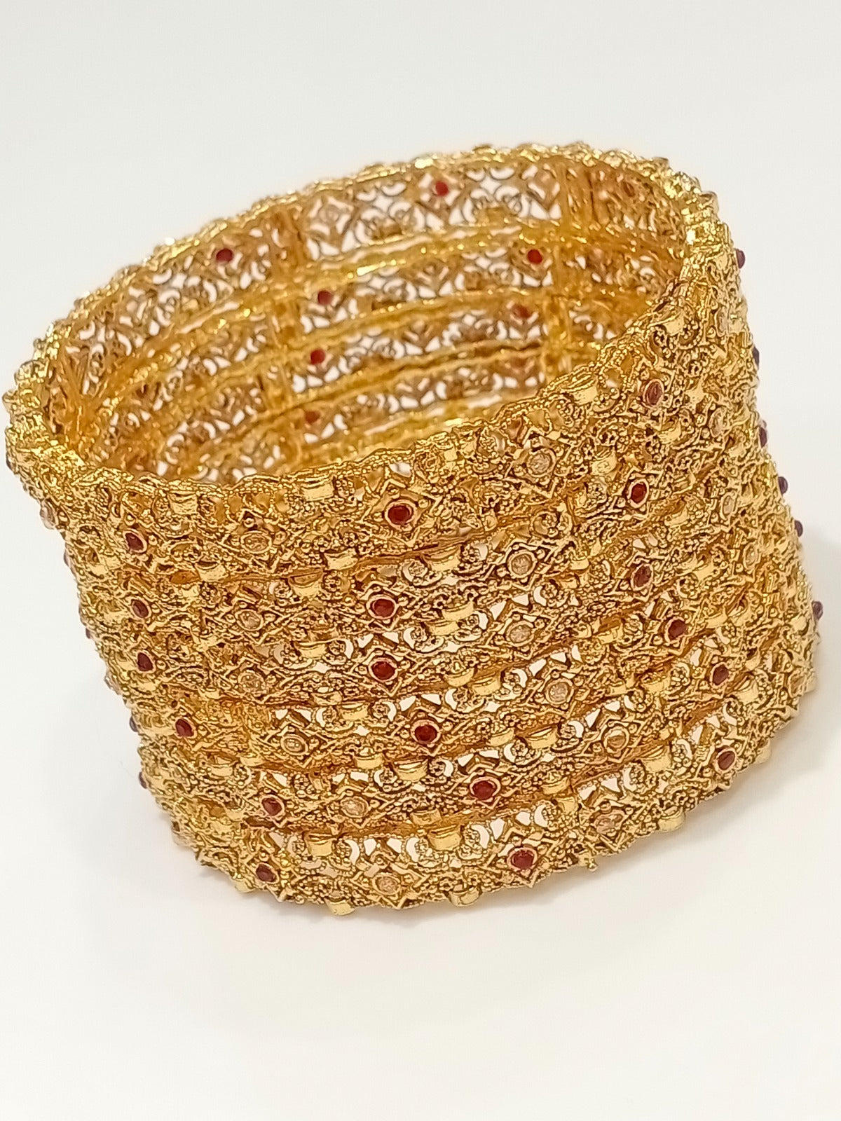 Gold filigree bridal bangles with ruby stones - collage view