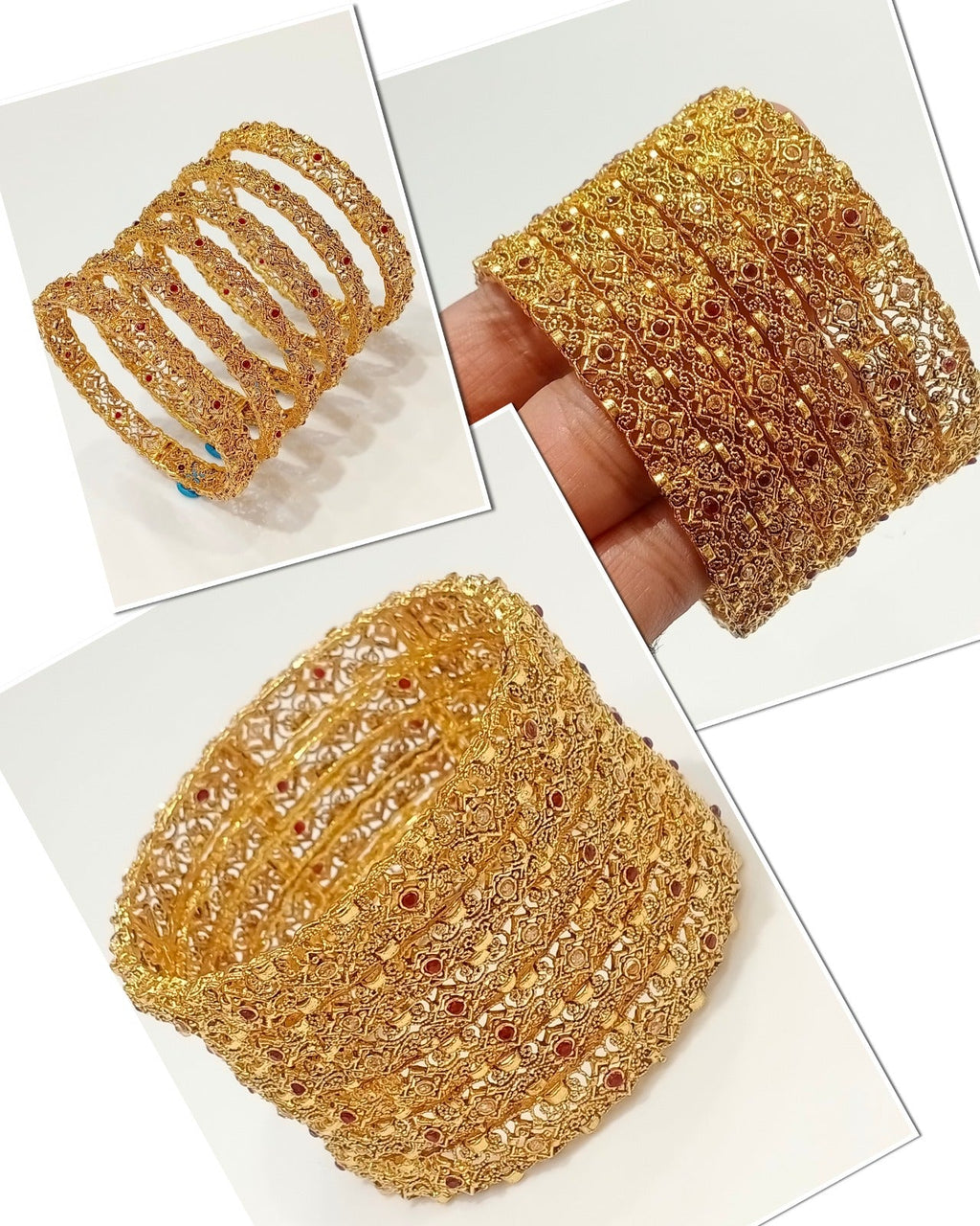 Gold filigree bridal bangles with ruby stones - close up hand view