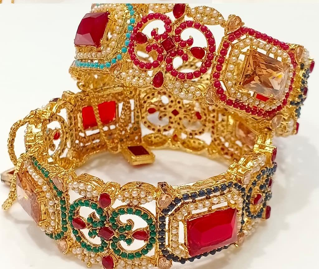 Traditional Gold-Plated Stone-Studded Openable Bangle Set - Multicolor