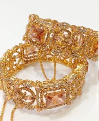 Traditional Gold-Plated Stone-Studded Openable Bangle Set - Peach Champagne