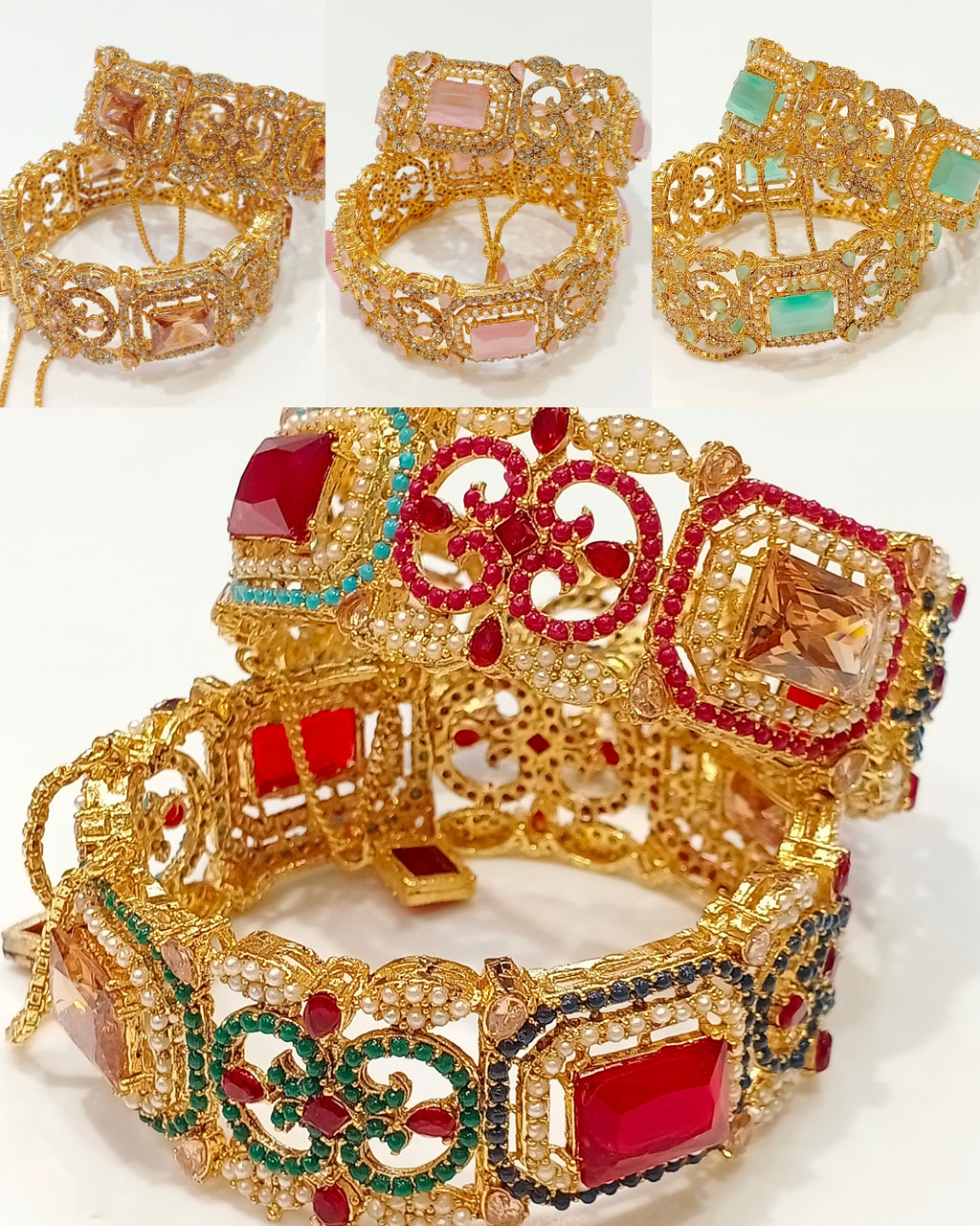 Traditional Gold-Plated Stone-Studded Openable Bangle Set - Peach Champagne Detail