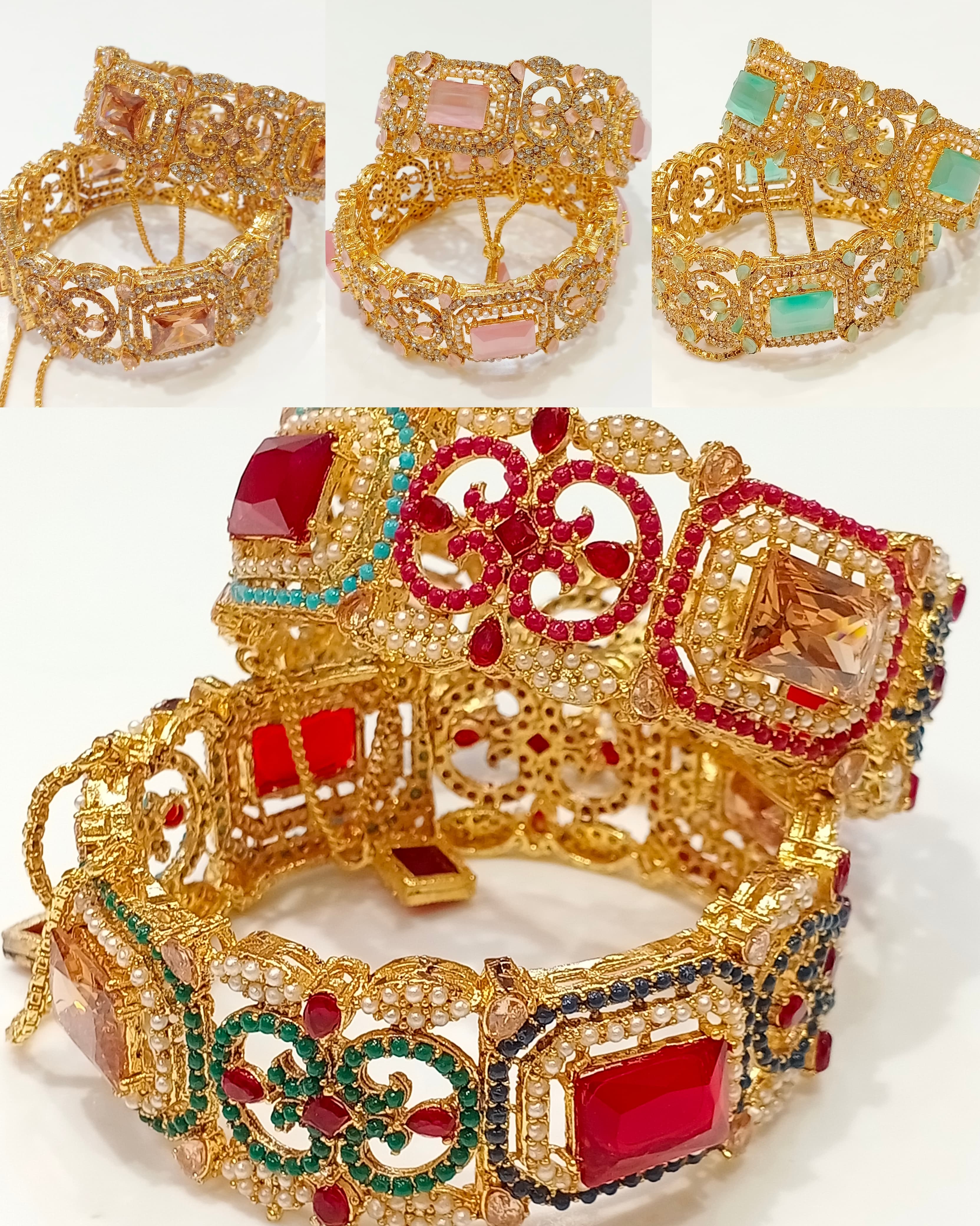 Traditional Gold-Plated Stone-Studded Openable Bangle Set - Peach Champagne Detail