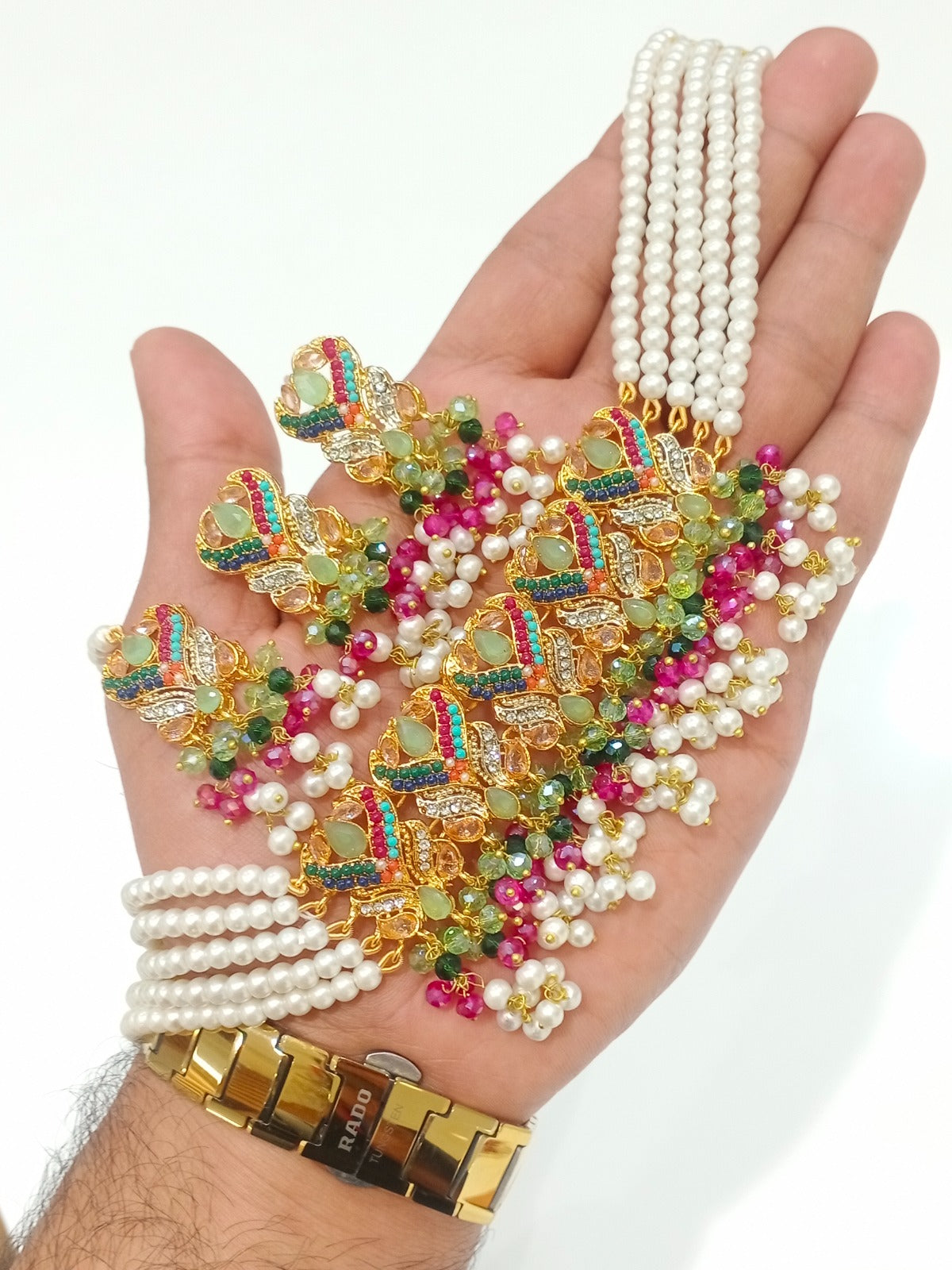 Traditional Pearl Multi-Strand Choker Necklace Set with Matching Earrings & Teeka
