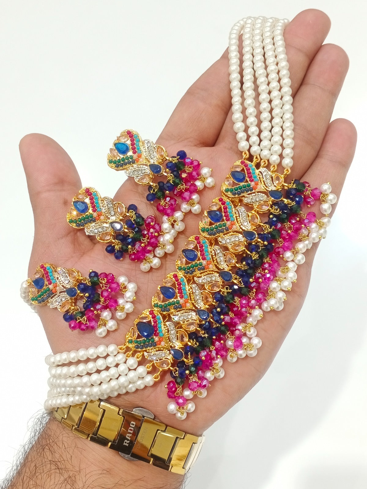 Traditional Pearl Multi-Strand Choker Necklace Set with Matching Earrings & Teeka