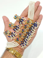 Traditional Pearl Multi-Strand Choker Necklace Set with Matching Earrings & Teeka