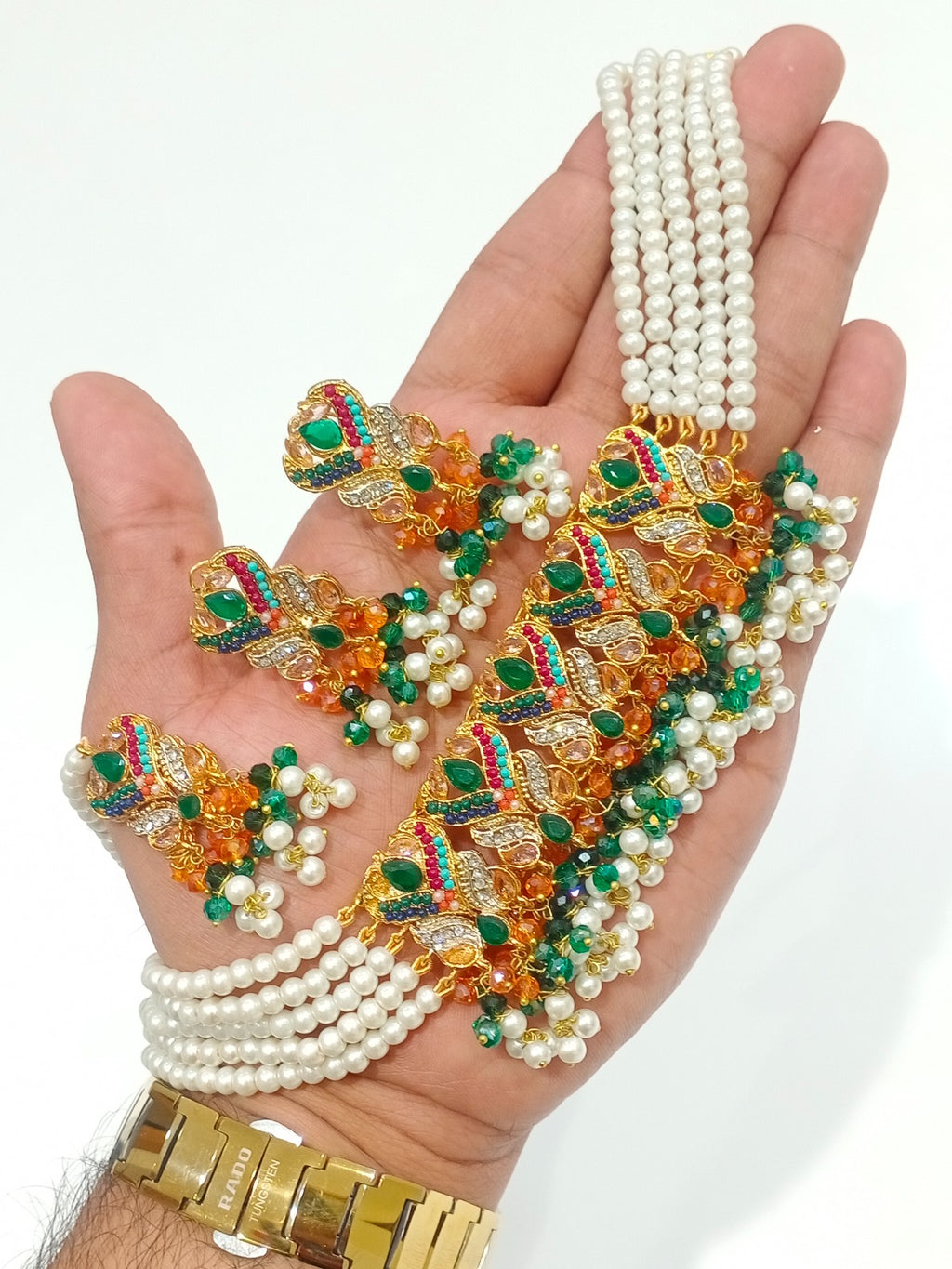 Traditional Pearl Multi-Strand Choker Necklace Set with Matching Earrings & Teeka