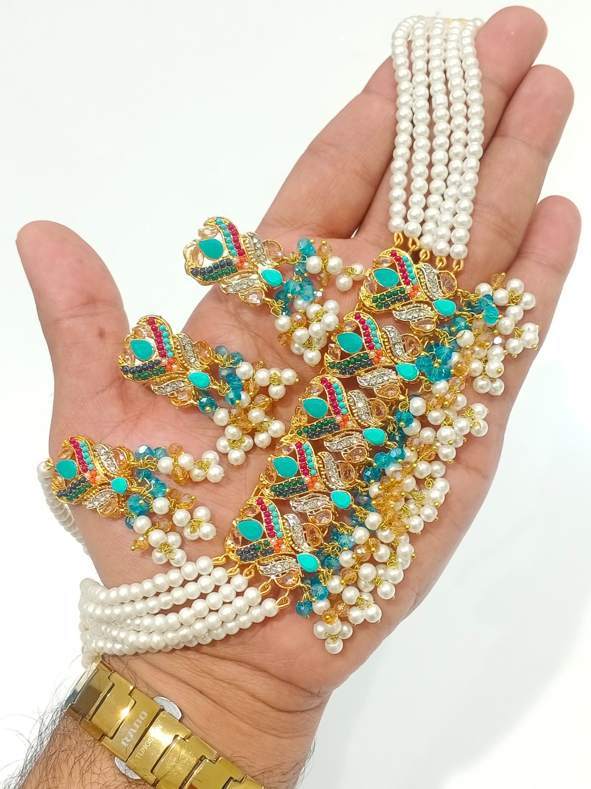 Traditional Pearl Multi-Strand Choker Necklace Set with Matching Earrings & Teeka