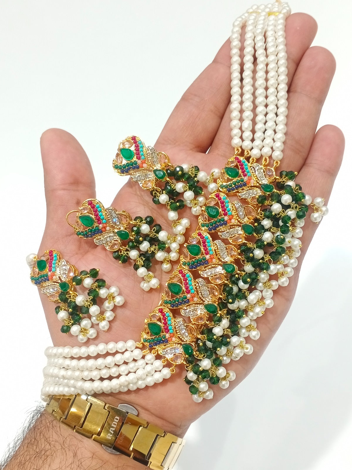 Traditional Pearl Multi-Strand Choker Necklace Set with Matching Earrings & Teeka