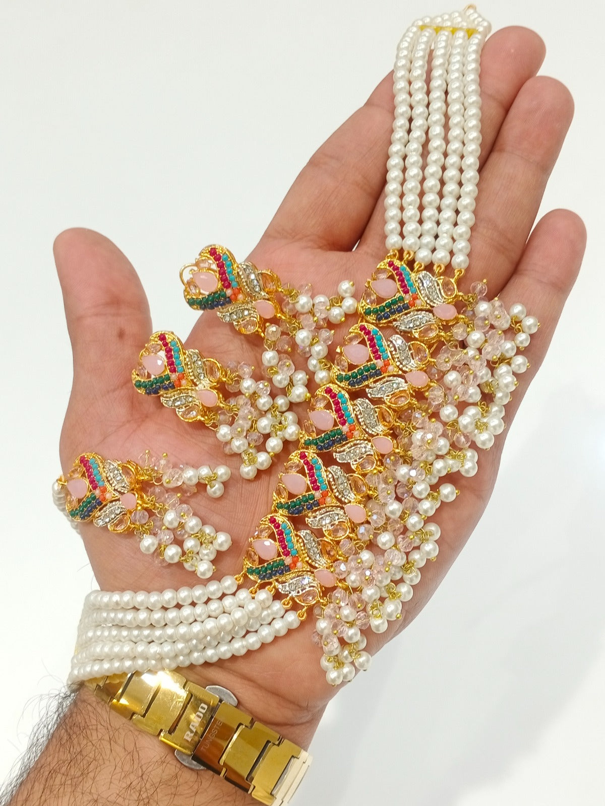 Traditional Pearl Multi-Strand Choker Necklace Set with Matching Earrings & Teeka