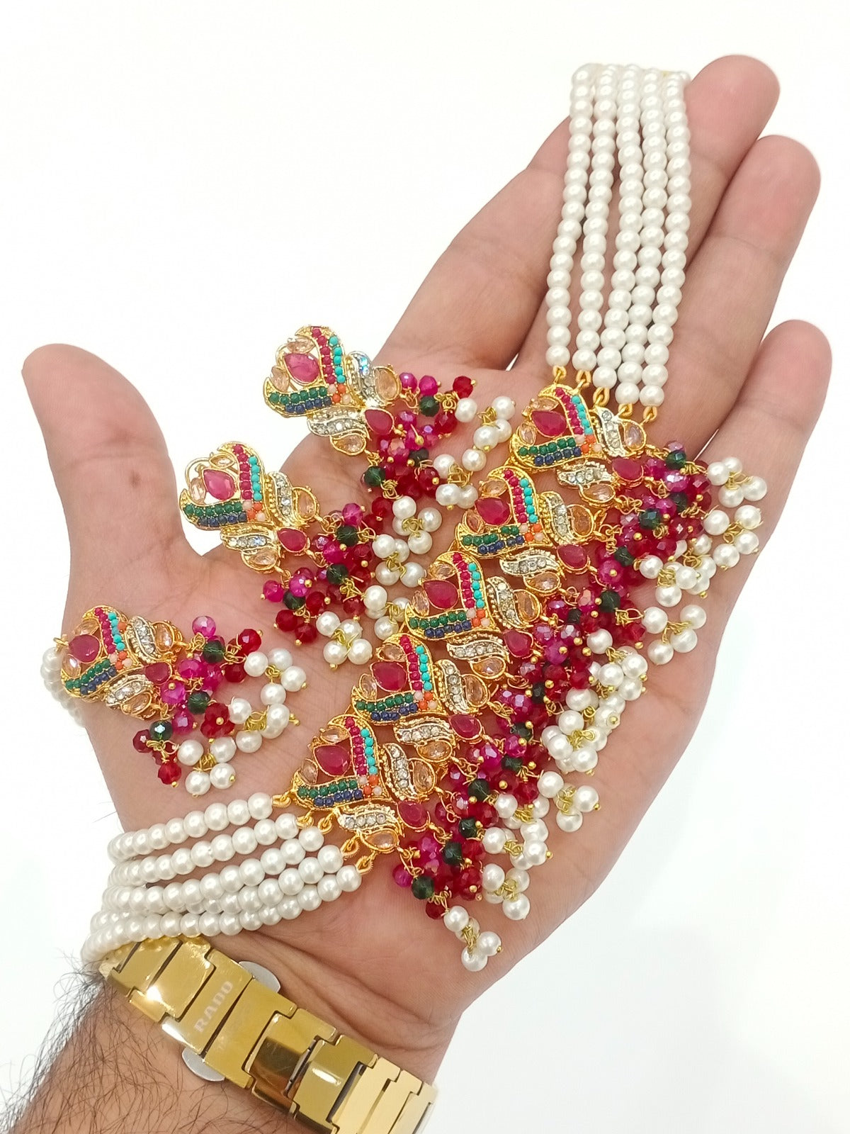 Traditional Pearl Multi-Strand Choker Necklace Set with Matching Earrings & Teeka
