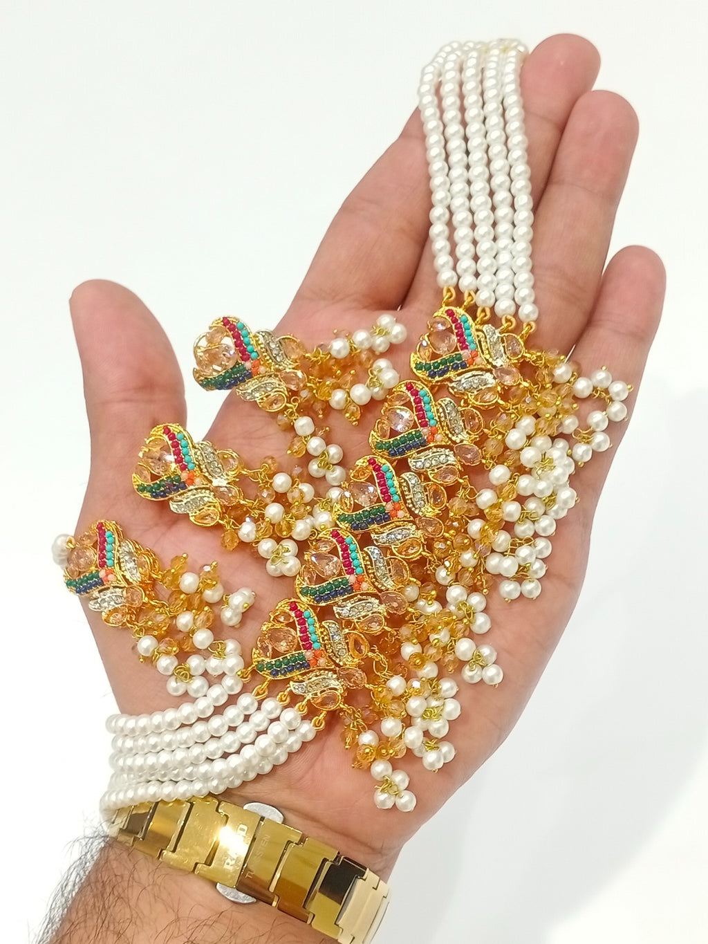 Traditional Pearl Multi-Strand Choker Necklace Set with Matching Earrings & Teeka