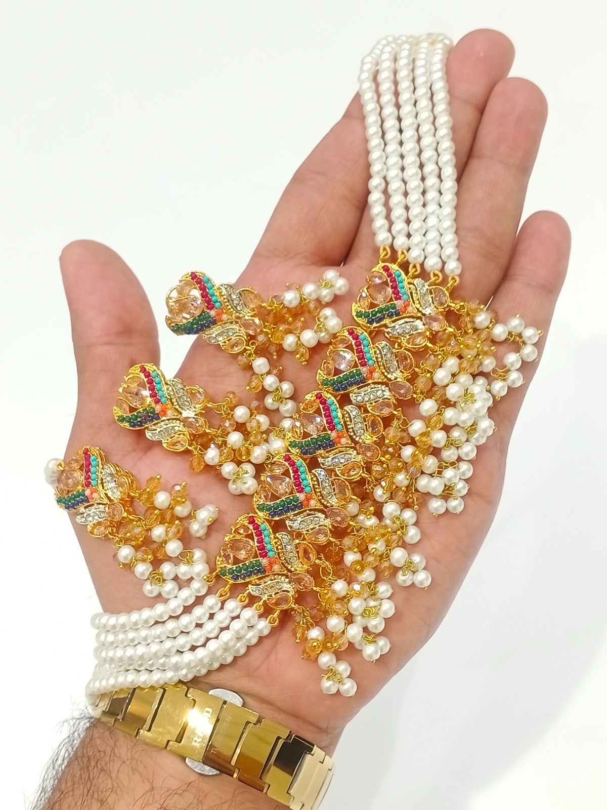 Traditional Pearl Multi-Strand Choker Necklace Set with Matching Earrings & Teeka