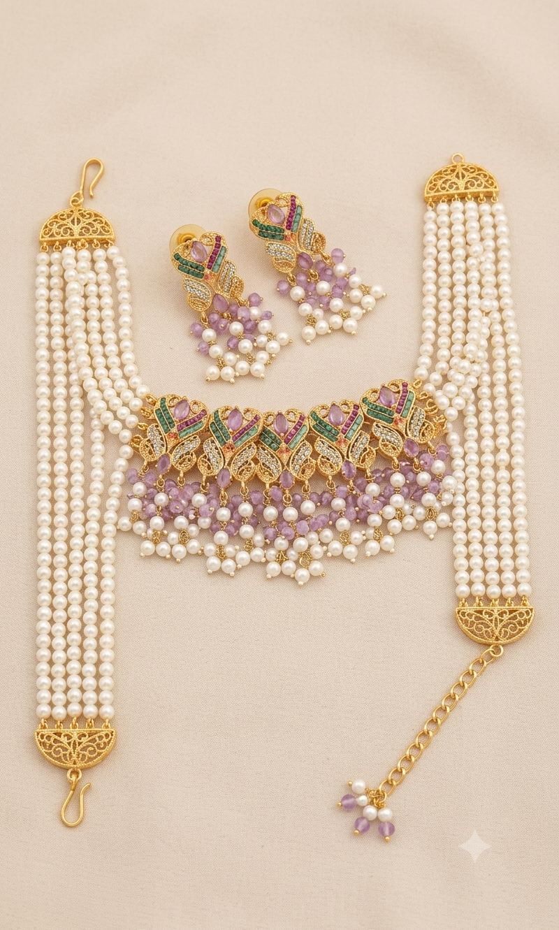 Traditional Pearl Multi-Strand Choker Necklace Set with Matching Earrings & Teeka