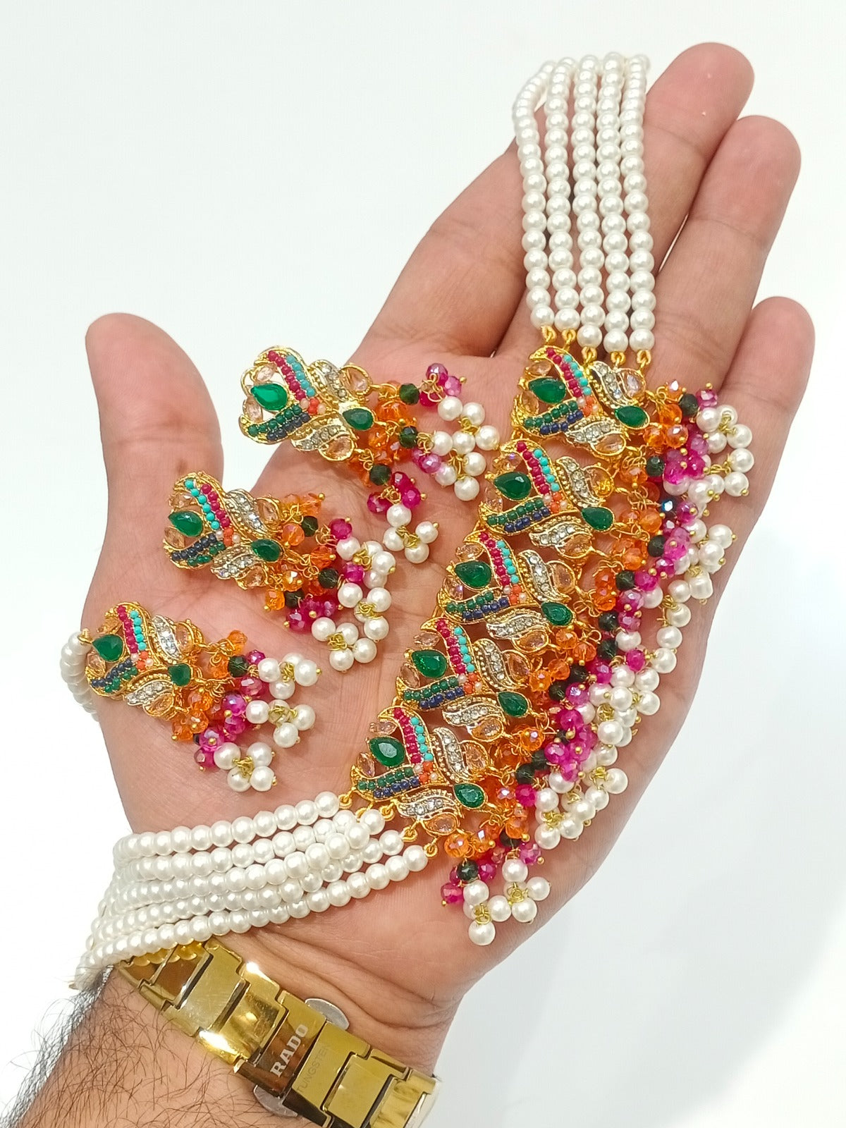 Traditional Pearl Multi-Strand Choker Necklace Set with Matching Earrings & Teeka