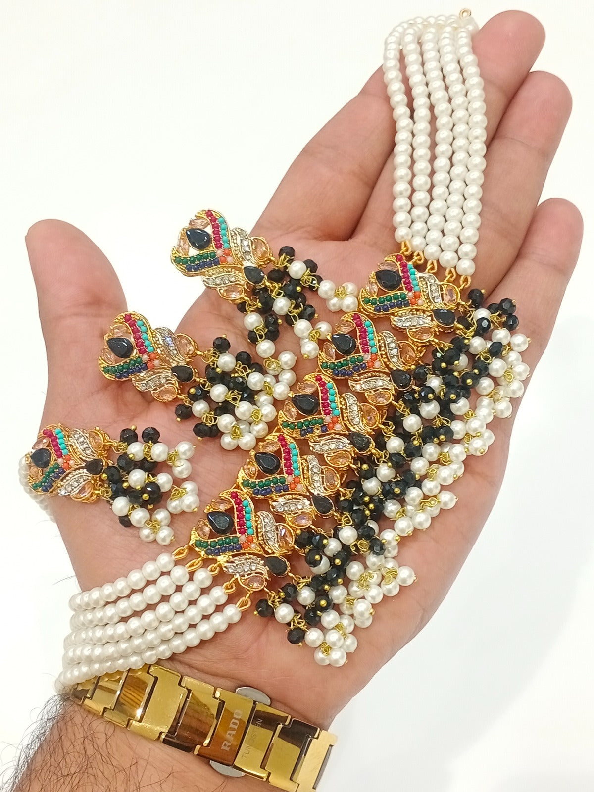 Traditional Pearl Multi-Strand Choker Necklace Set with Matching Earrings & Teeka