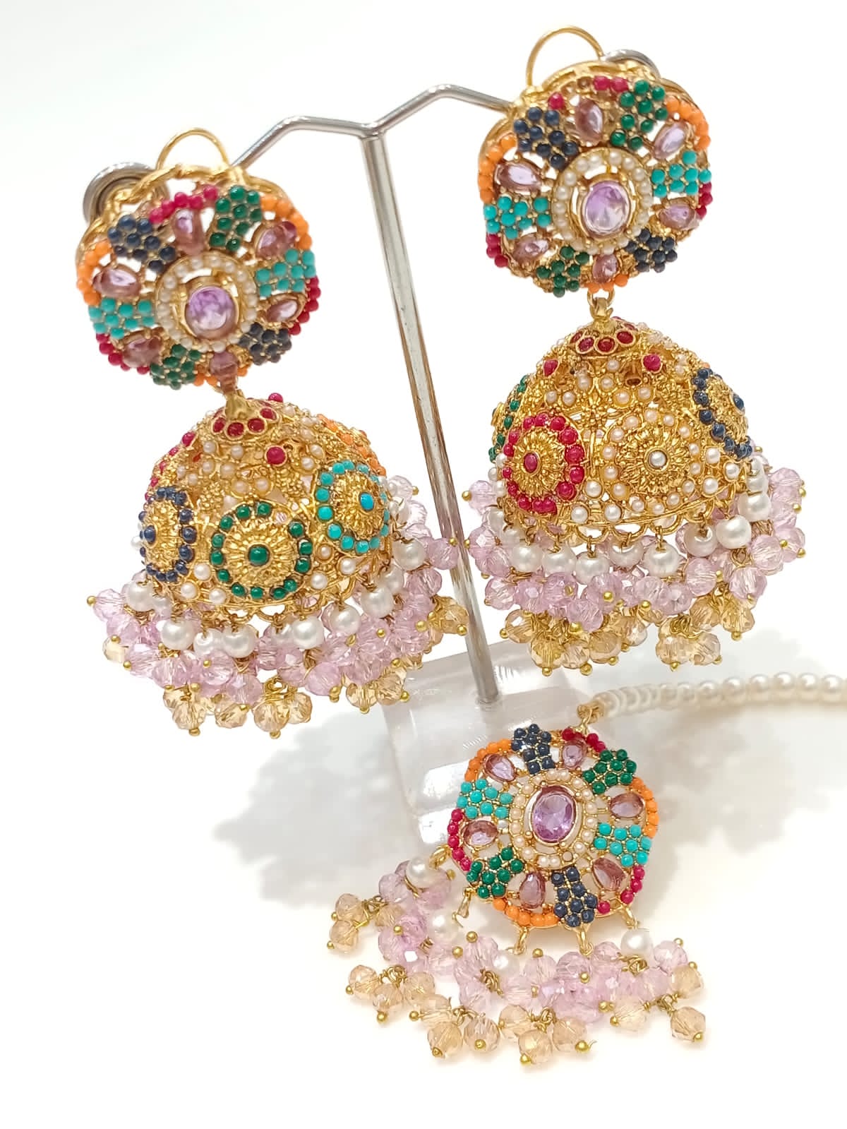 Multicolor Zircon Jhumka Set - Green