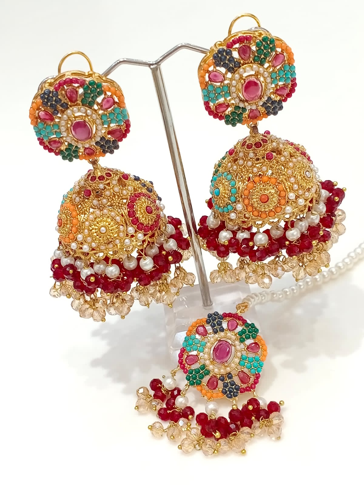 Multicolor Zircon Jhumka Set - Mint Blue