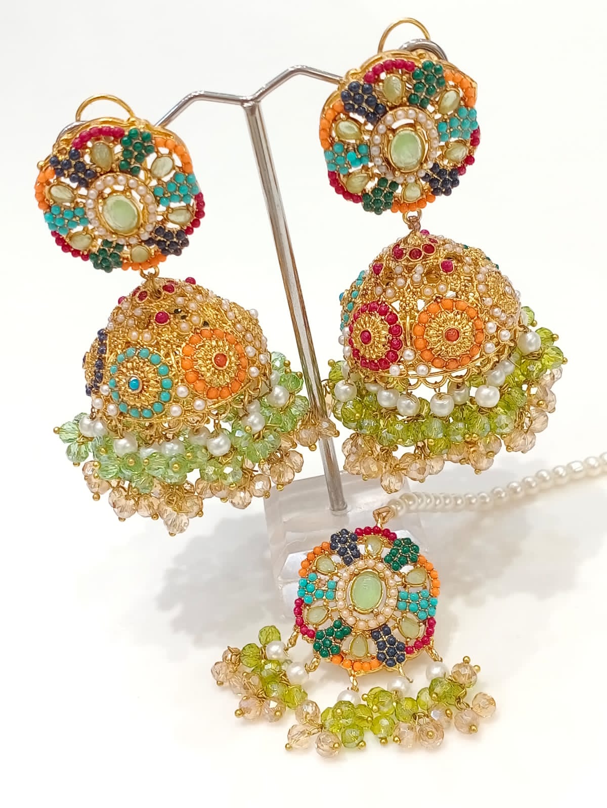 Multicolor Zircon Jhumka Set - Maroon