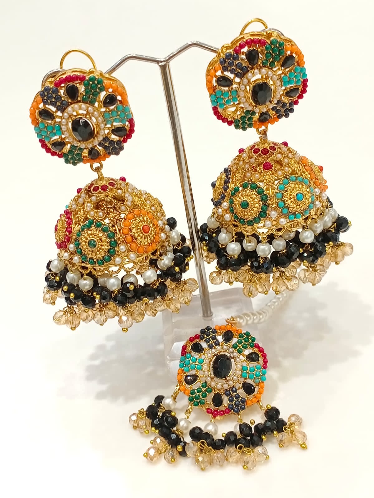Multicolor Zircon Jhumka Set - Royal Blue